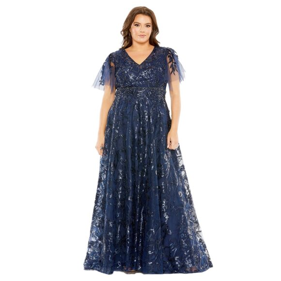 Mac Duggal 20469 Size 14W 14 Dark Blue High Neck Flutter Sleeve Long Gown Dress - Picture 2 of 4